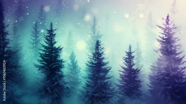 Fototapeta A tranquil winter forest captured in an impressionist style, showcasing snow-dusted trees under a serene, magical sky during twilight hours