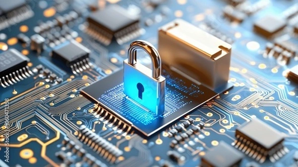 Fototapeta A metallic padlock sits atop a glowing circuit board, symbolizing digital security and data protection in technology.