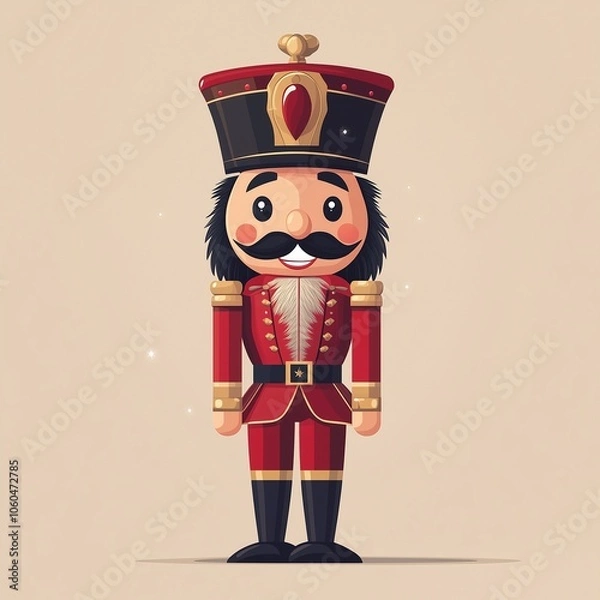 Fototapeta A cheerful Nutcracker with a big smile and a red hat, in a cartoon style