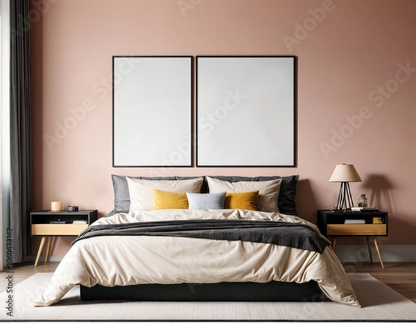 Fototapeta Interior view of contemporary bedroom with frame mockup on the wall