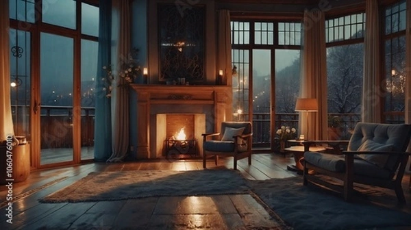 Obraz A warm, inviting room in an ancient castle with a crackling fireplace, overlooking rainy streets through large windows.