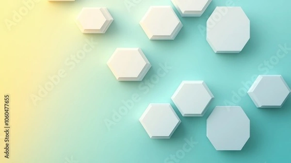 Fototapeta A minimalist design showcasing a series of white hexagons set against a gradient background of light teal and pale yellow