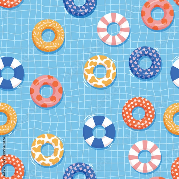 Fototapeta Swimming pool colorful swim rings summer pattern