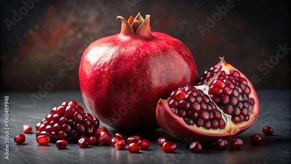Fototapeta A Close-Up View of a Juicy Pomegranate, Revealed in its Ripe State, Surrounded by Scattered Seeds on a Dark Surface