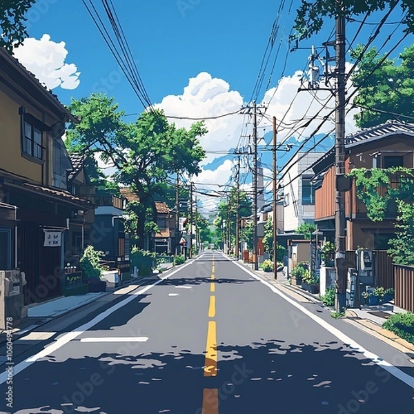 Obraz A picturesque street in a Japanese town, with traditional houses and lush greenery, under a bright blue sky with fluffy clouds.