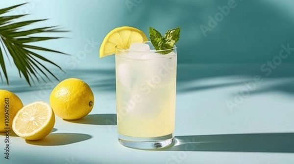 Fototapeta A refreshing glass of lemonade garnished with mint and lemon slices, surrounded by fresh lemons on a vibrant teal background.