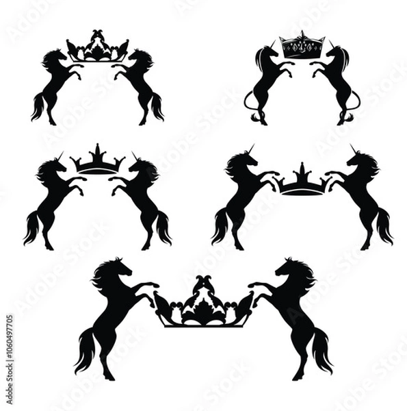 Obraz fantasy rearing up horses and unicorns holding royal crown -  rampant heraldic animals luxurious  black and white vector design set