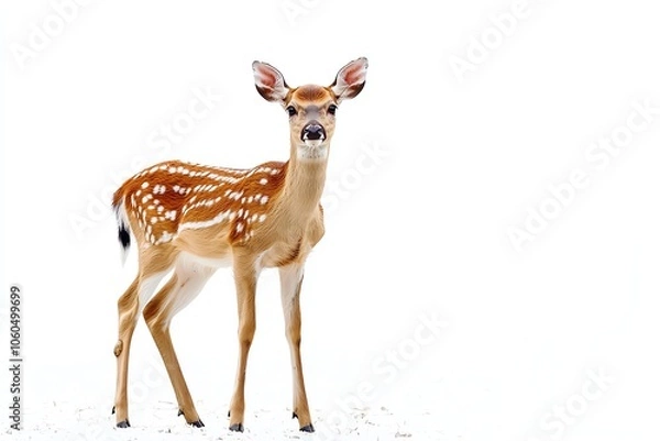 Fototapeta Young deer with spots, standing against a white isolated background.