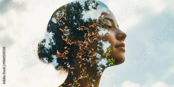 Fototapeta A woman in contemplation, with her reflection seen in the blooms of a cherry blossom tree. A serene and artistic image evoking themes of nature and inner peace.