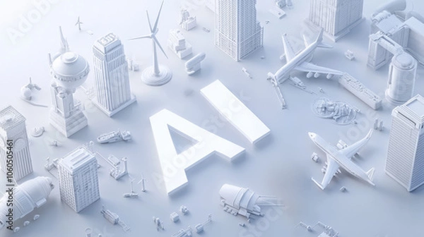 Fototapeta 3D illustration of the word "AI" in white with an arrow pointing to various industrial and energy icons such as wind turbines, oil derricks, skyscrapers, aircraft, and ships. 