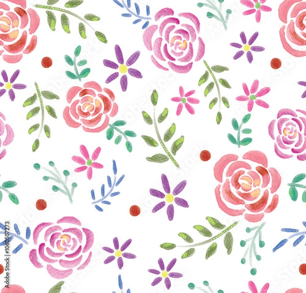 Fototapeta Hand drawn watercolor floral patterns. Design for fabric, textile, paper. Spring colorful vector illustration, fowers with leaves. Contemporary floral seamless pattern.