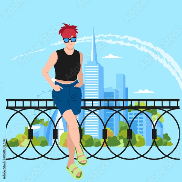 Obraz a woman in the background of the city. a girl on vacation. tourist. vector illustration of a woman and an urban landscape