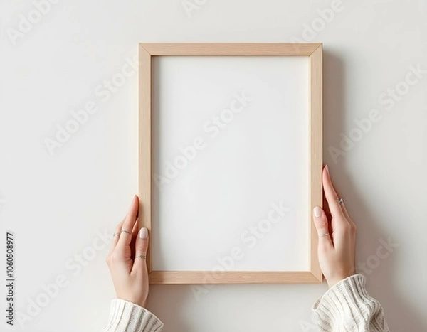 Fototapeta Elegant Light Oak Wooden Frame with Rounded Edges Held by Delicate Hands in Modern Minimalist Setting. Flyer mockup