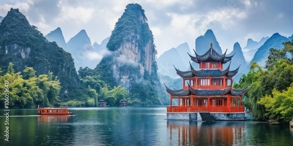 Fototapeta A tranquil scene with a pagoda on a lake, surrounded by misty karst mountains and greenery.