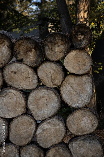 Fototapeta Stacked lumber logs. the texture and grain of the wood