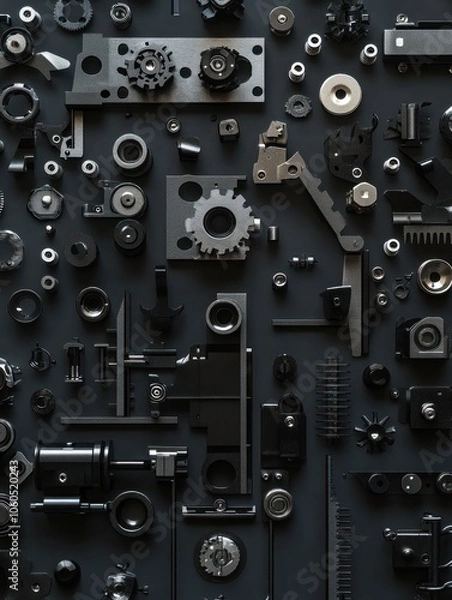 Fototapeta Top View of Black Metal Mechanical Parts Arranged in Knolling Layout on Dark Background
