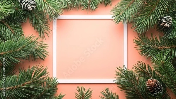 Fototapeta Holiday frame with pine branches and cones