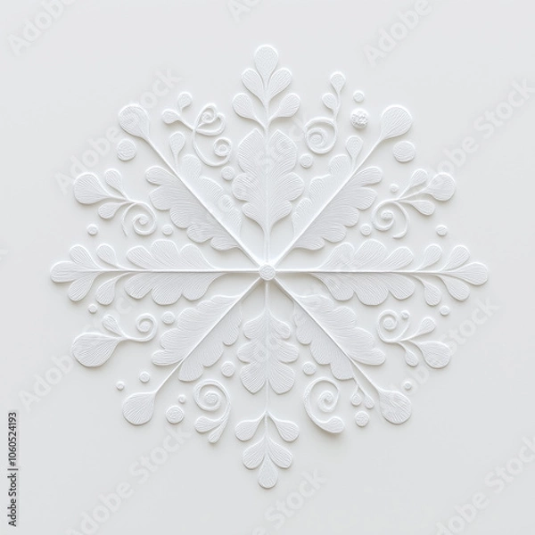 Obraz Delicate white paper-cut snowflake design with ornate leaf and swirl patterns on a soft background, reflecting winter beauty and minimalistic elegance