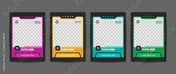Fototapeta Set of trading frames for game sports card template, Four templates featuring player information on a black background