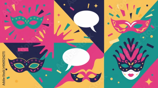 Obraz Vibrant Carnival Mask Design with Speech Bubbles and Colorful Confetti Backgroundarnival Mask Design