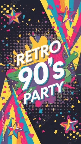 Obraz Retro 90's Party Poster with Star Accents and Colorful Confetti