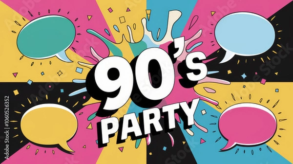 Fototapeta Vibrant 90's Party Poster with Retro Speech Bubbles and Pop Art Elements