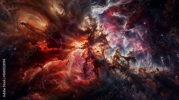 Fototapeta Fiery Nebula with Expansive Swirls of Red, Orange, and Blue Clouds Illuminating Deep Space
