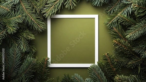 Fototapeta Blank frame on pine branches background with copy space