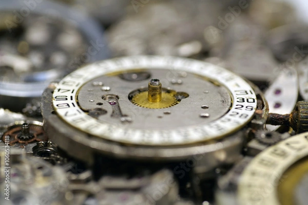 Fototapeta Old mechanical watches with gears and cogs. Watch or clock mechanisms