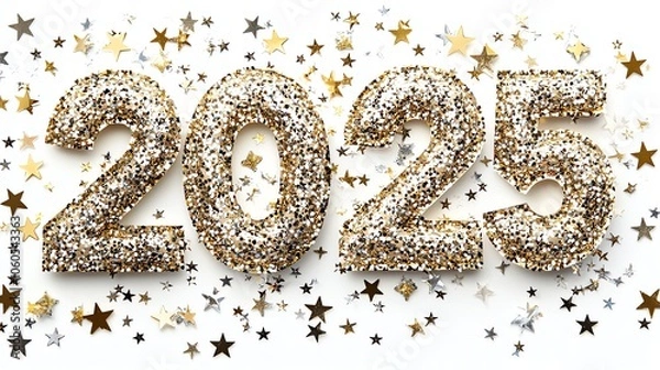 Fototapeta Sparkling 2025 numbers with golden stars on a white isolated background.