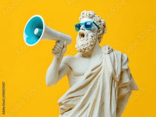 Obraz Greek statue with beard, shouting through a megaphone, wearing sunglasses