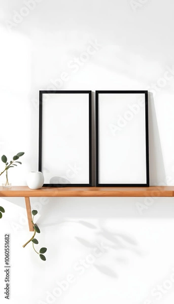 Fototapeta Artistic mockups template. Two black vertical picture frames on bamboo wooden shelf. White wall background. Posters at home, minimal Scandinavian design, no people. Elegant apartment concept isolate
