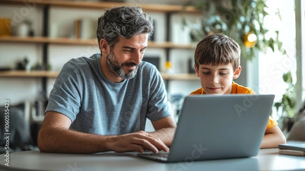 Fototapeta man showing teenager program on laptop screen, programming tutor, boy and father, son, parent, IT lesson, teacher and student working on computer, studying, time together