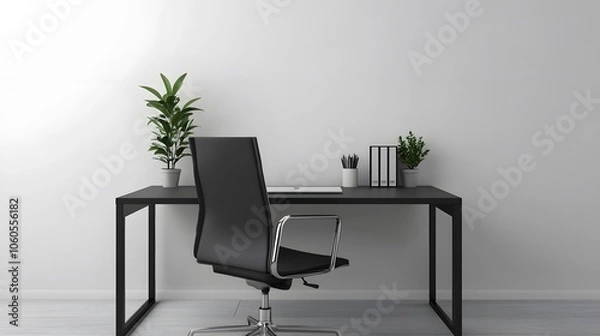 Fototapeta 110. Minimalist office setup with a black chair, sleek desk, and small plant