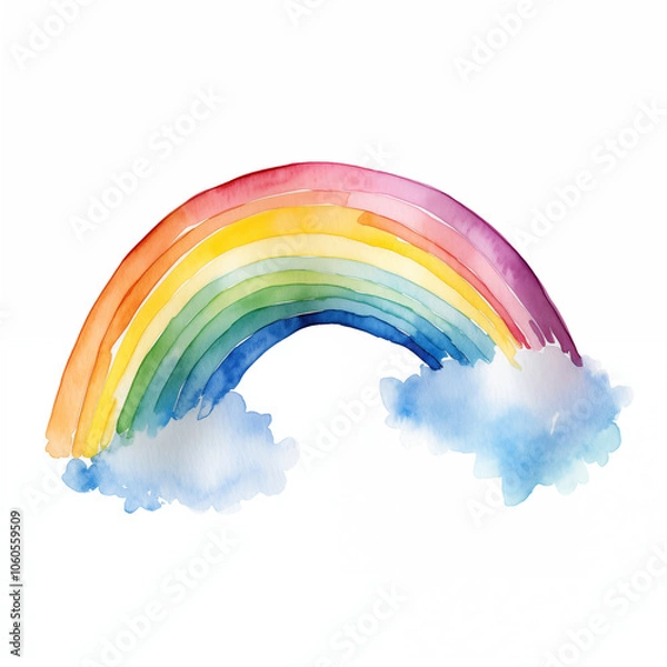 Fototapeta A colorful cartoon rainbow arches across a bright sky with fluffy clouds beneath it