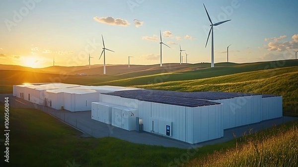 Fototapeta Modern battery storage facility with solar panel