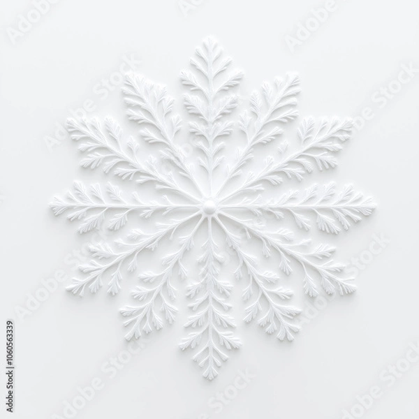 Obraz Intricate white paper-cut snowflake design with delicate fern-like branches and radial symmetry on a subtle background, evoking winter elegance and minimalist beauty. Concept of seasonal decor