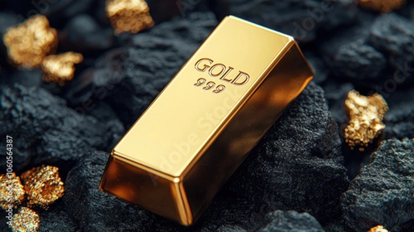 Fototapeta gleaming gold bar rests amidst dark rocks and small gold nuggets, symbolizing wealth and luxury. contrast highlights bar shine and value