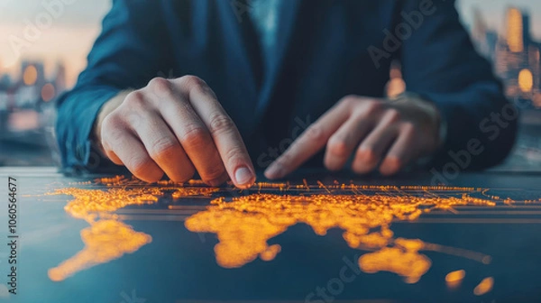 Fototapeta Close up of hands pointing at glowing world map, highlighting trade routes and connections. image conveys sense of global business and exploration