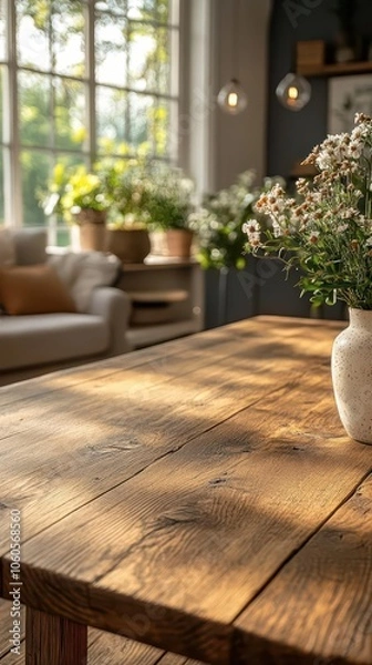 Fototapeta empty wooden tabletop against a blurred living room interior ideal for showcasing products or presentations framed by warm ambient lighting that evokes a cozy inviting atmosphere