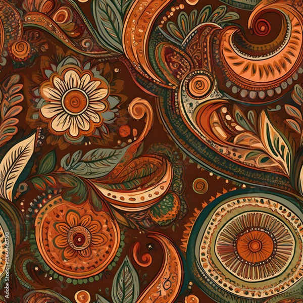 Fototapeta Intricate Seamless Pattern Featuring Rust, Ochre, and Olive Green in a Bohemian Style