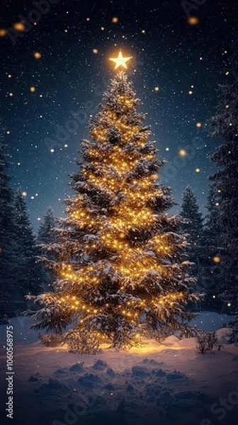 Fototapeta enchanting winter landscape showcasing a beautifully decorated christmas tree under a starry sky with soft snowfall providing a serene backdrop for a magical holiday scene in 3d rendering