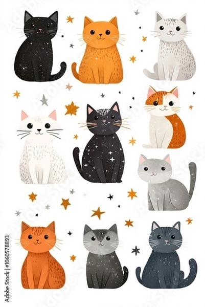 Fototapeta Playful cats gather among stars in a whimsical display of feline charm and joyful companionship