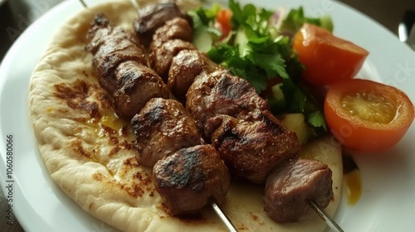 Obraz Lamb kebab served with freshly baked bread.
