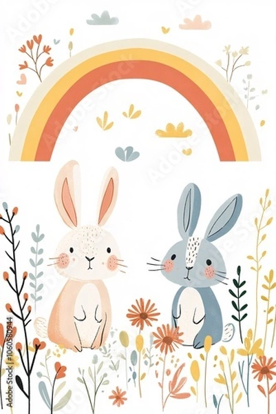 Fototapeta Two playful bunnies sit among colorful flowers beneath a vibrant rainbow creating a whimsical nature scene full of joy and serenity