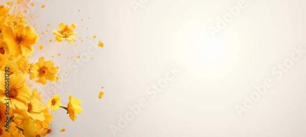 Fototapeta Abstract empty beige frame background with yellow flowers on left side. Minimal creative concept of romantic card or banner. Copy space