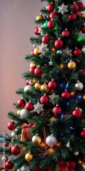 Fototapeta A beautifully decorated Christmas tree covered in colorful ornaments and twinkling lights, tree, magical