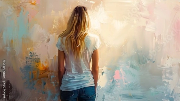 Fototapeta Elegant Female Subject in Dreamy Ethereal Moment with Pastel Palette and Impressionistic Brushstrokes