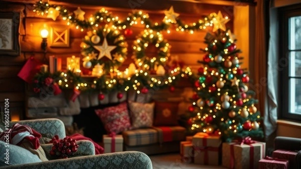 Fototapeta A festive Christmas tree with colorful decorations and twinkling lights in a cozy living room setting, warmth, pine