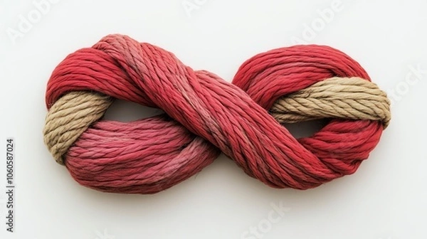 Fototapeta Colorful twisted yarn in red and beige on white background.